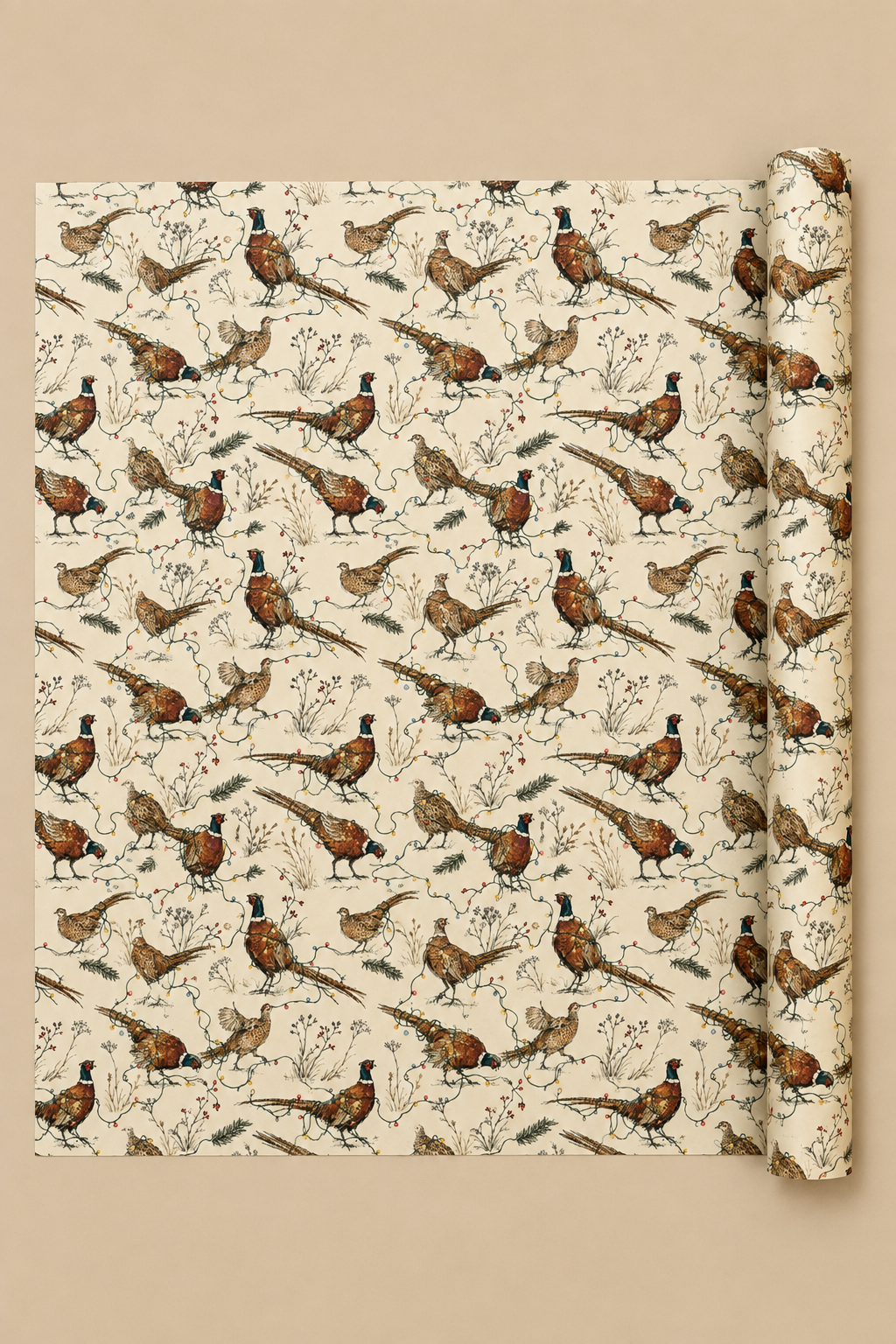 Cock and hen pheasants strut, flap and stumble through colourful fairy lights among winter grasses, berries and pine sprigs. A pencil-sketch Christmas wrapping paper with proper British countryside character.
