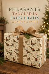 Cock and hen pheasants strut, flap and stumble through colourful fairy lights among winter grasses, berries and pine sprigs. A pencil-sketch Christmas wrapping paper with proper British countryside character.