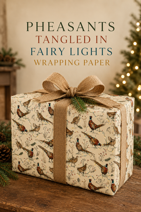 Cock and hen pheasants strut, flap and stumble through colourful fairy lights among winter grasses, berries and pine sprigs. A pencil-sketch Christmas wrapping paper with proper British countryside character.