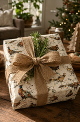 Cock and hen pheasants strut, flap and stumble through colourful fairy lights among winter grasses, berries and pine sprigs. A pencil-sketch Christmas wrapping paper with proper British countryside character.