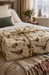 Cock and hen pheasants strut, flap and stumble through colourful fairy lights among winter grasses, berries and pine sprigs. A pencil-sketch Christmas wrapping paper with proper British countryside character.