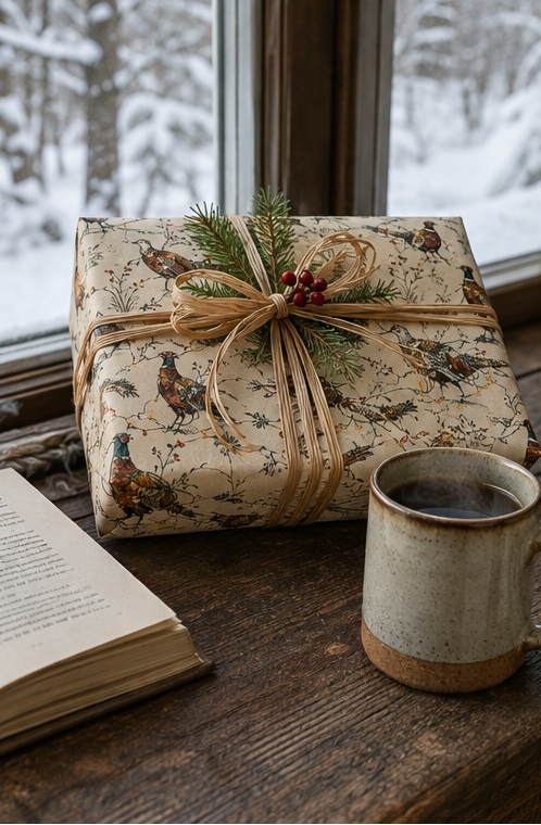 Cock and hen pheasants strut, flap and stumble through colourful fairy lights among winter grasses, berries and pine sprigs. A pencil-sketch Christmas wrapping paper with proper British countryside character.