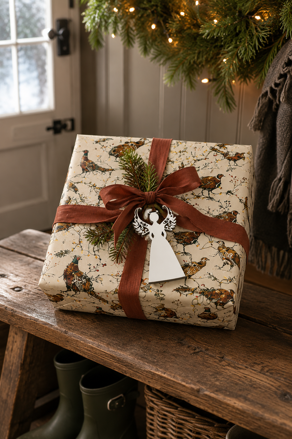 White filigree angel gift tag tied to a present wrapped in Pheasant Tangled in Fairy Lights Christmas paper.