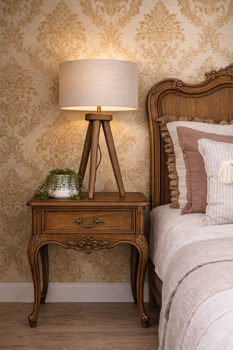 Wooden nightstand with lamp next to a bed with decorative pillows against a patterned wall.