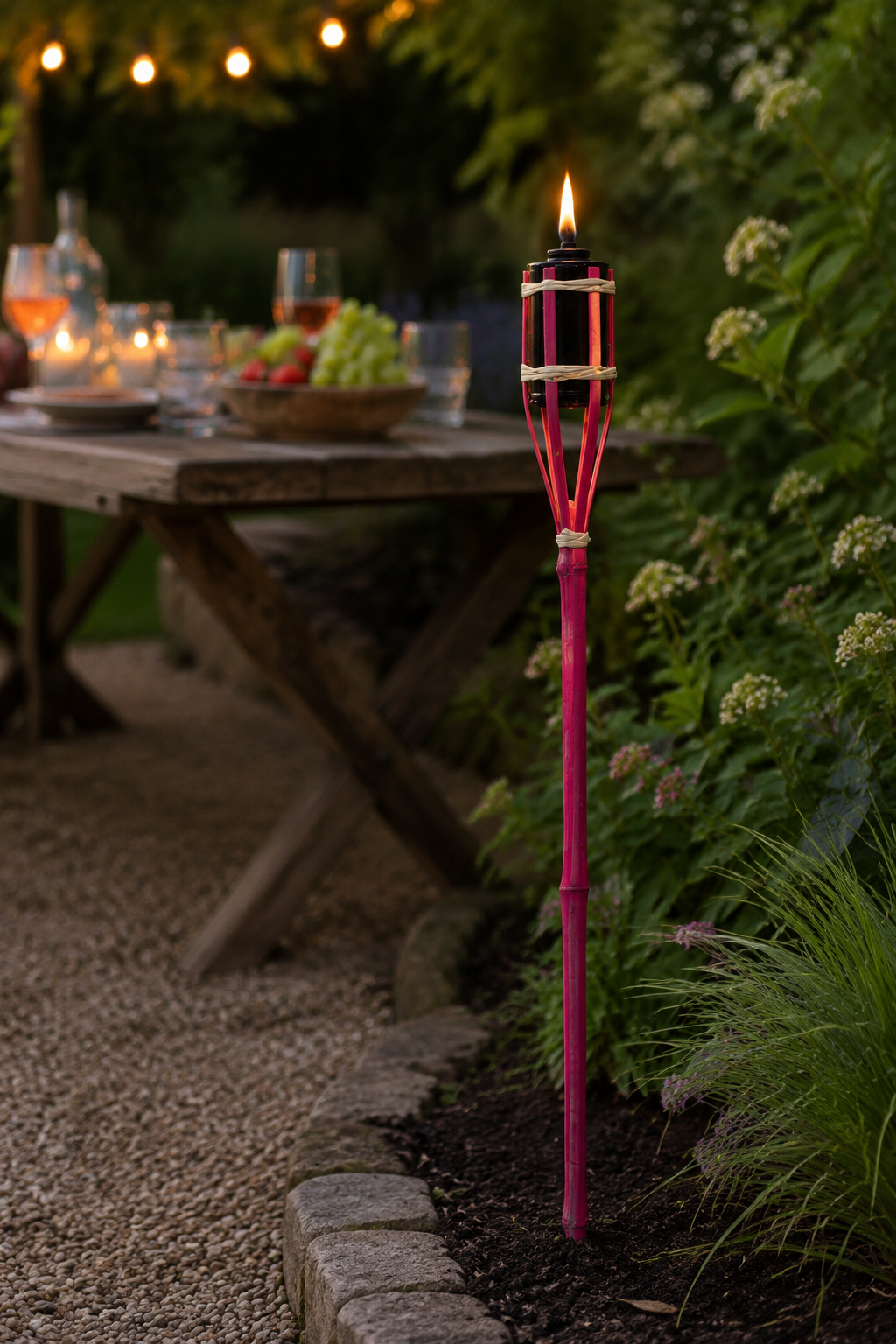 A lit pink bamboo-style garden torch light stands in a garden bed beside a wooden dining table at night, with blurred greenery and warm string lights in the background.