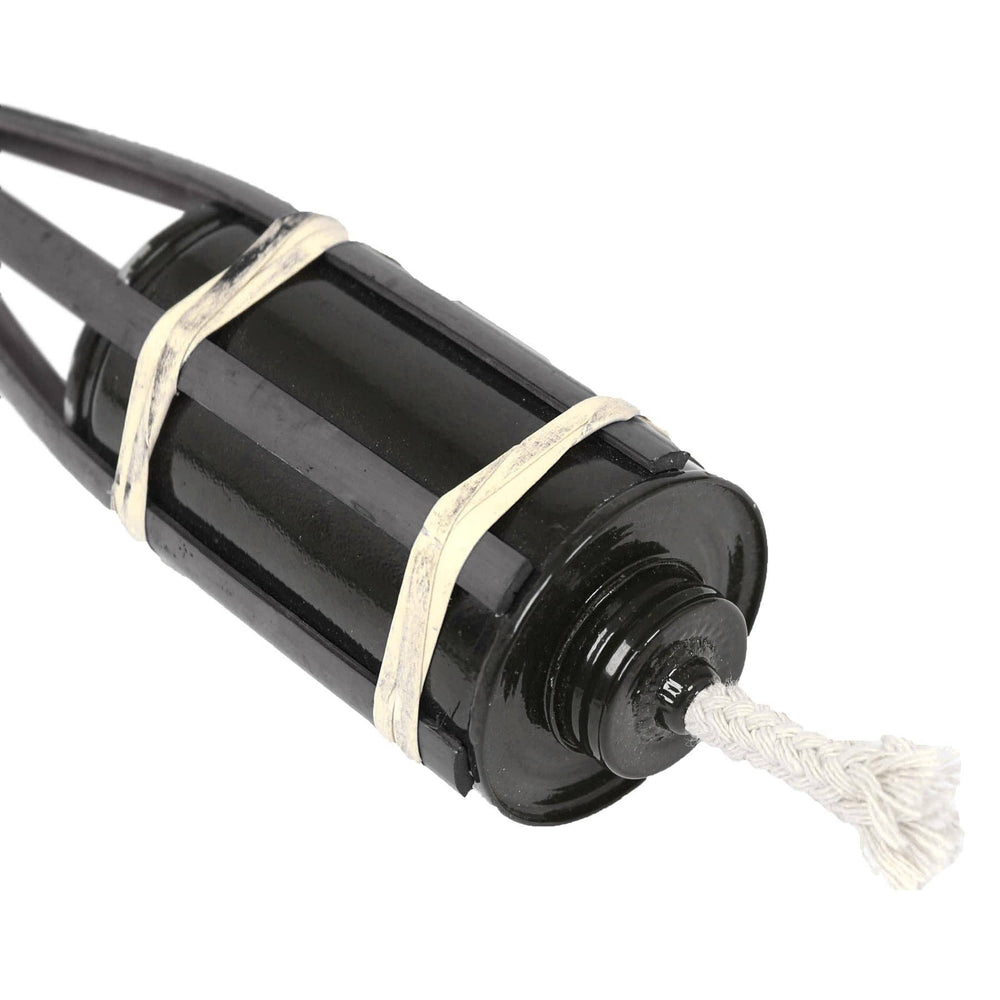 Black mechanical component with a white rope on a white background