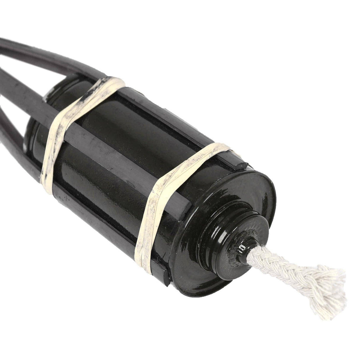 Black mechanical component with a white rope on a white background