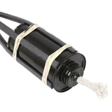 Black mechanical component with a white rope on a white background
