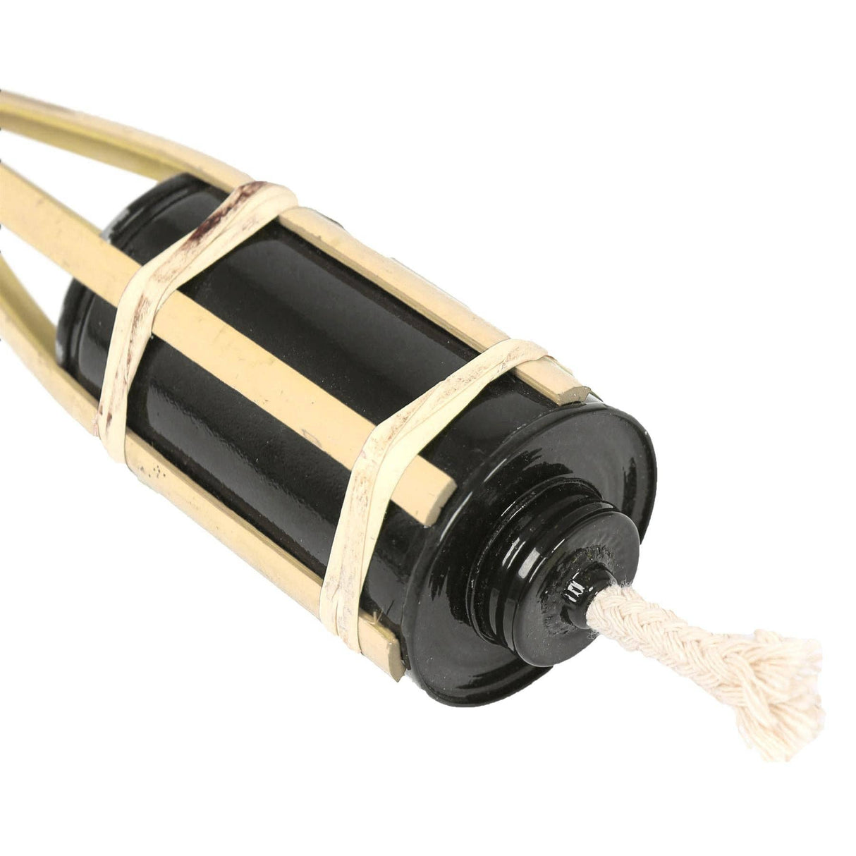 Black bottle with wooden cap and rope on a white background