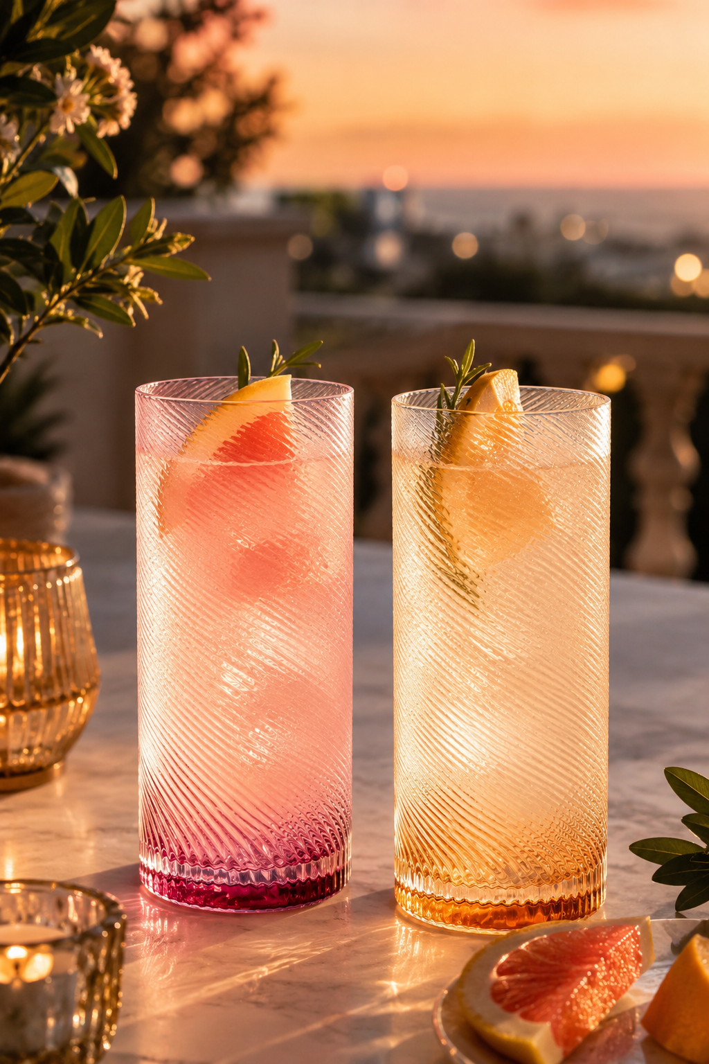 Pink and peach tall glass tumblers filled with iced drinks at an outdoor table.