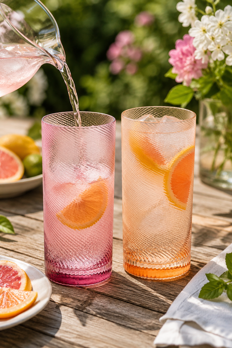 Two glasses with pink and orange drinks being poured, surrounded by flowers and fruit on a wooden table.