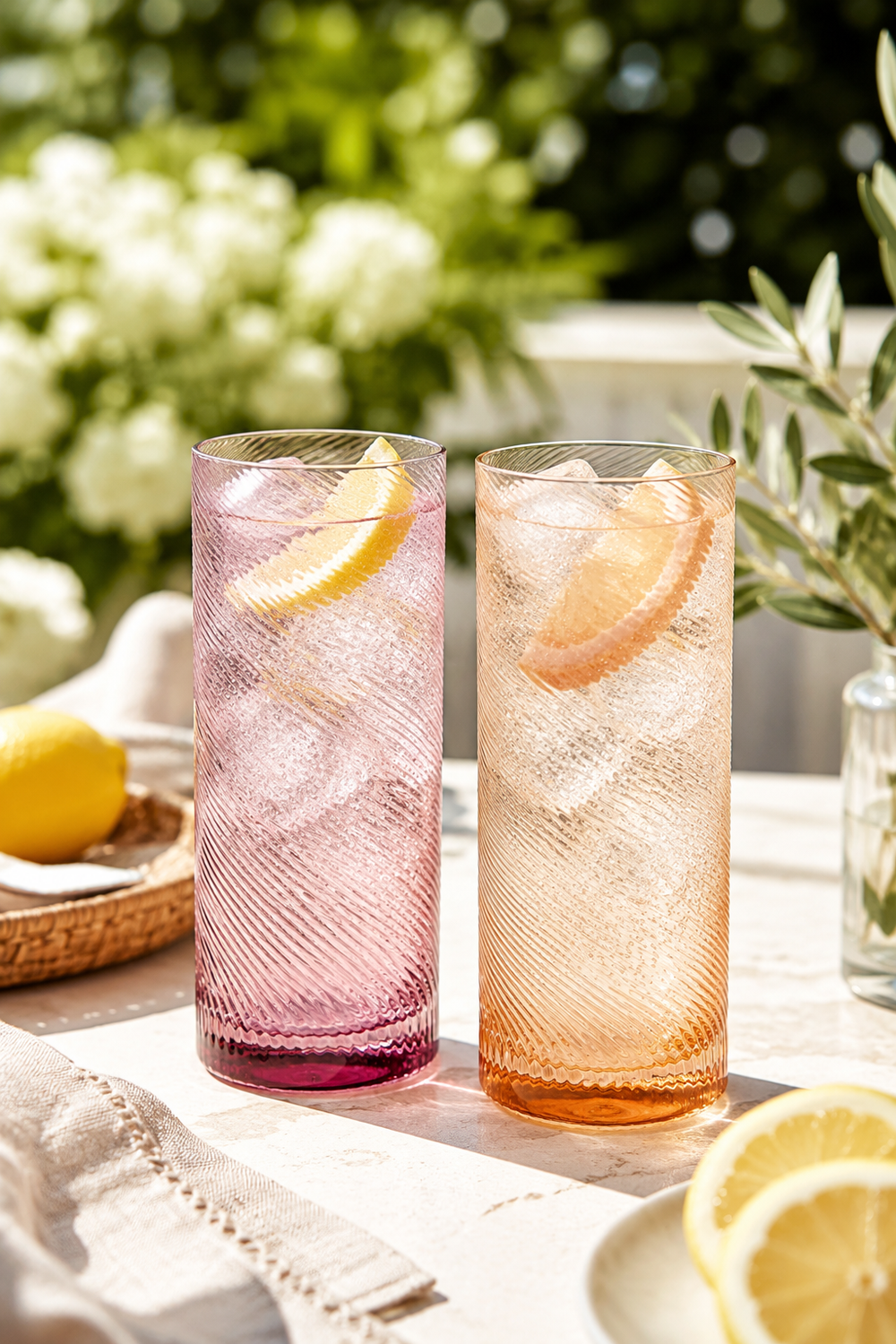 Two tall glasses with pink and orange hues filled with a sparkling drink, garnished with lemon slices, on a table outdoors.