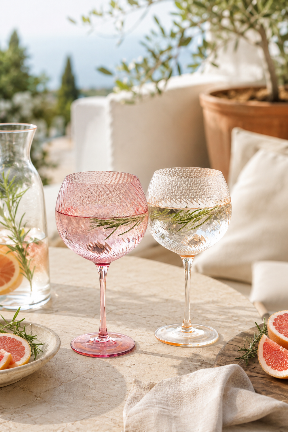 Pink and Peach twisted gin - wine glasses on a table with outdoor setting