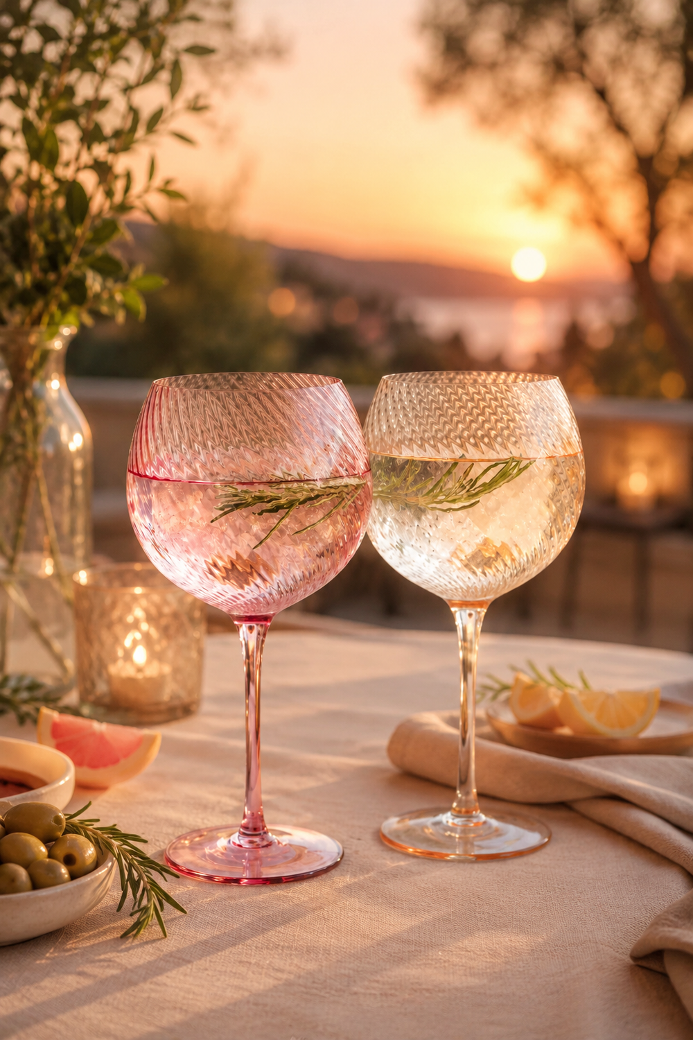 Pink and Peach twisted gin - wine glasses on a table with outdoor setting  with sunset in the background