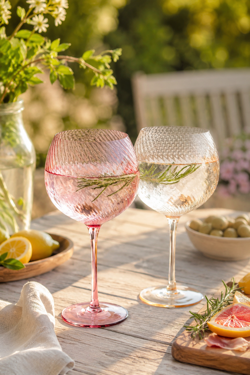 Pink and Peach twisted gin - wine glasses on a table with outdoor setting