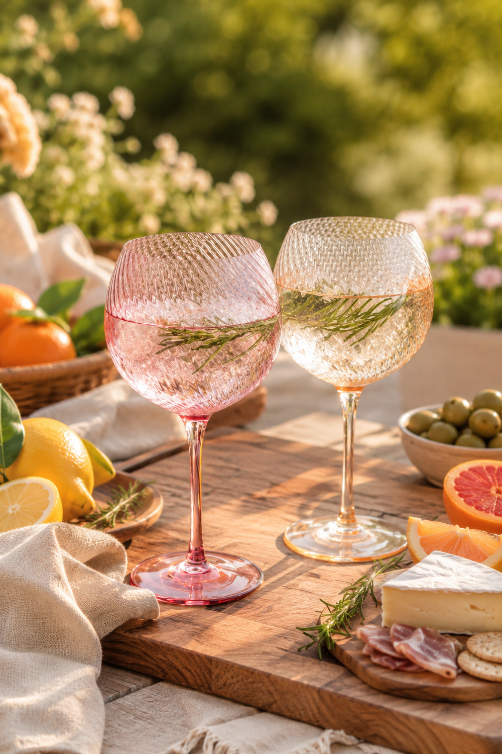 Pink and Peach twisted gin - wine glasses on a table with outdoor setting with fruits and cheese.