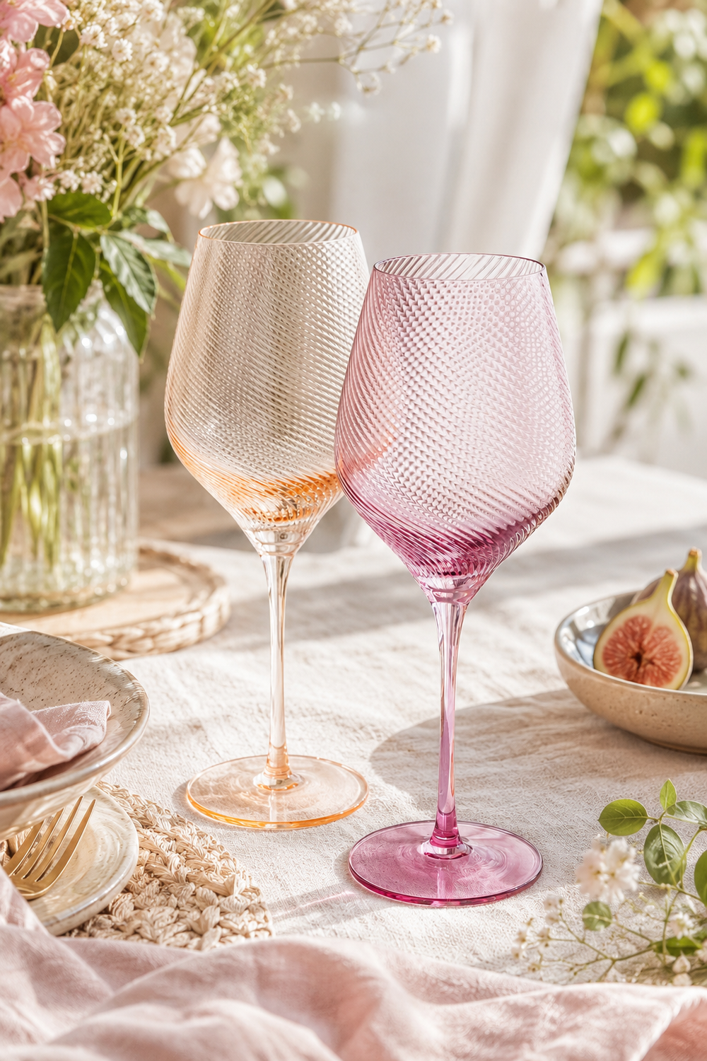 Pink and Peach wine glass set on a table with flowers and figs in the background