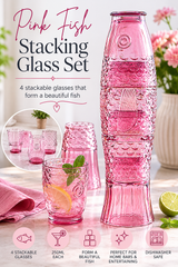 Pink fish-stacking glass set with decorative text and product images on a light background.
