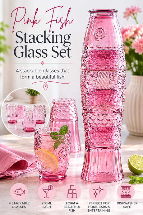 Pink fish-stacking glass set with decorative text and product images on a light background.