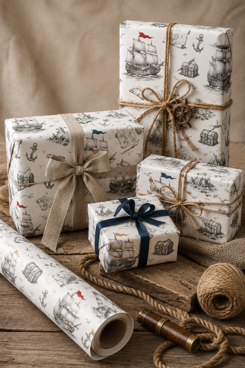 Pirate ship wrapping paper with vintage pencil sketch nautical artwork on a white background.