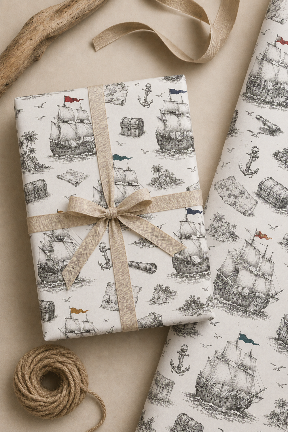 Pirate themed wrapping paper with detailed old-world ship artwork and adventure-style illustration.