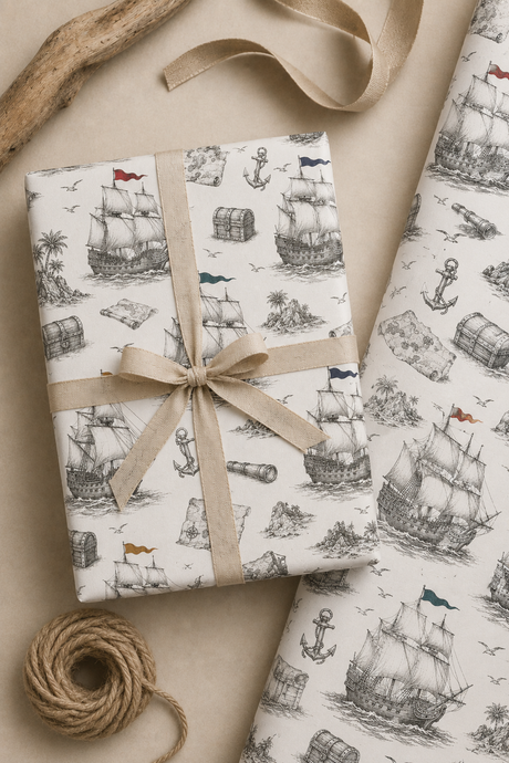 Pirate themed wrapping paper with detailed old-world ship artwork and adventure-style illustration.