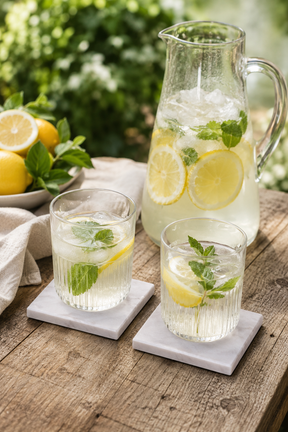 marble coasters, clear jug and glasses filled with lemonade and mint leaves on a wooden table.