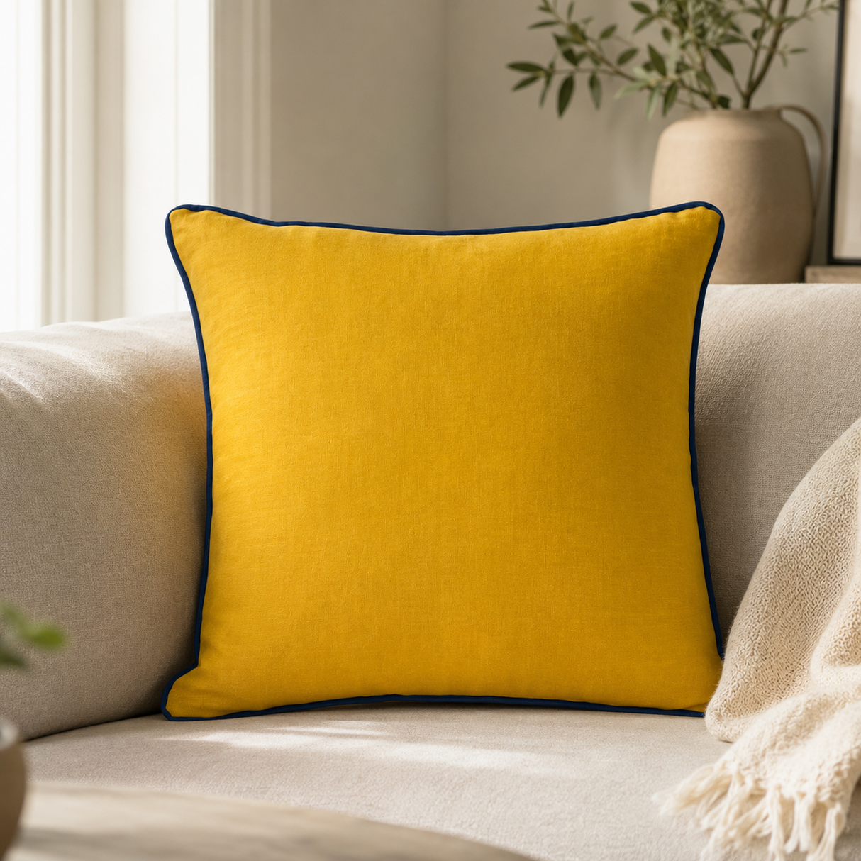 Plain mustard linen cushion cover with deep blue piping styled on a neutral sofa