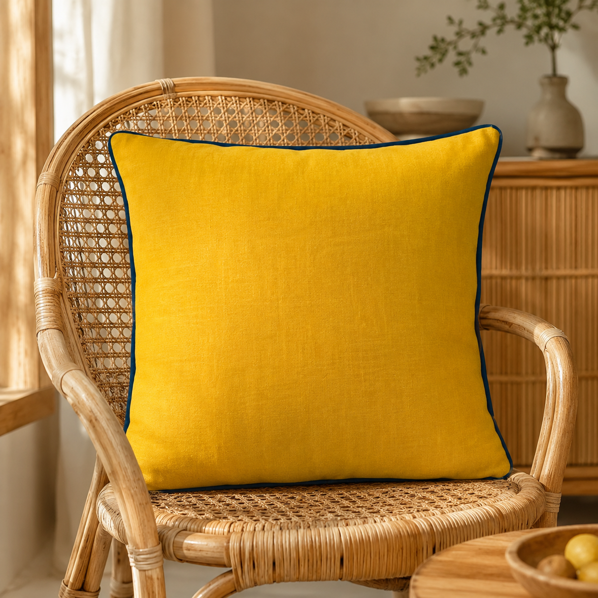 Plain mustard linen cushion cover with deep blue piping styled on a wicker seat.