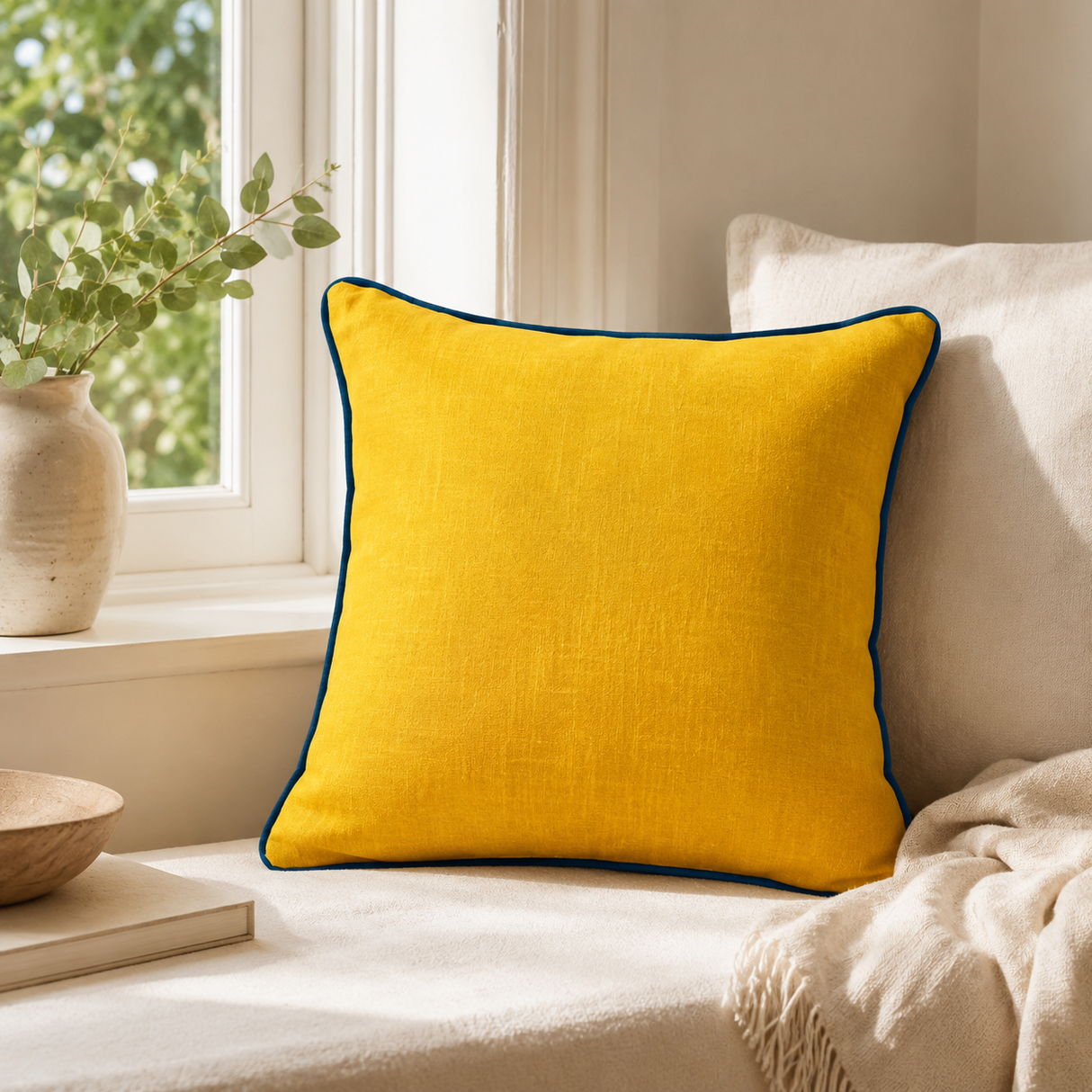 Plain mustard linen cushion cover with deep blue piping styled on a window seat.