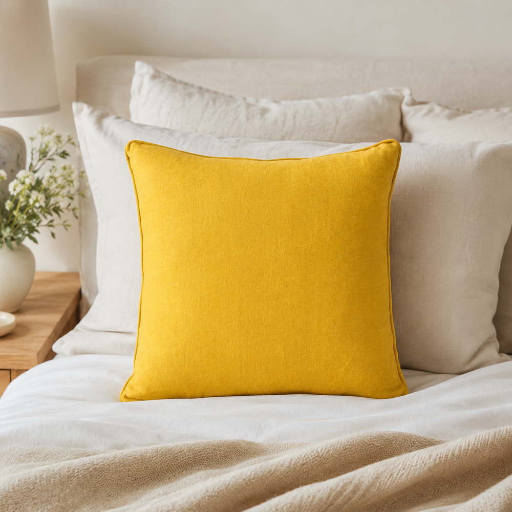 Plain mustard linen cushion cover with piped edge styled on a bed.