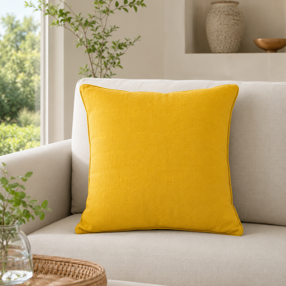 Plain mustard linen cushion cover with piped edge styled on a sofa.