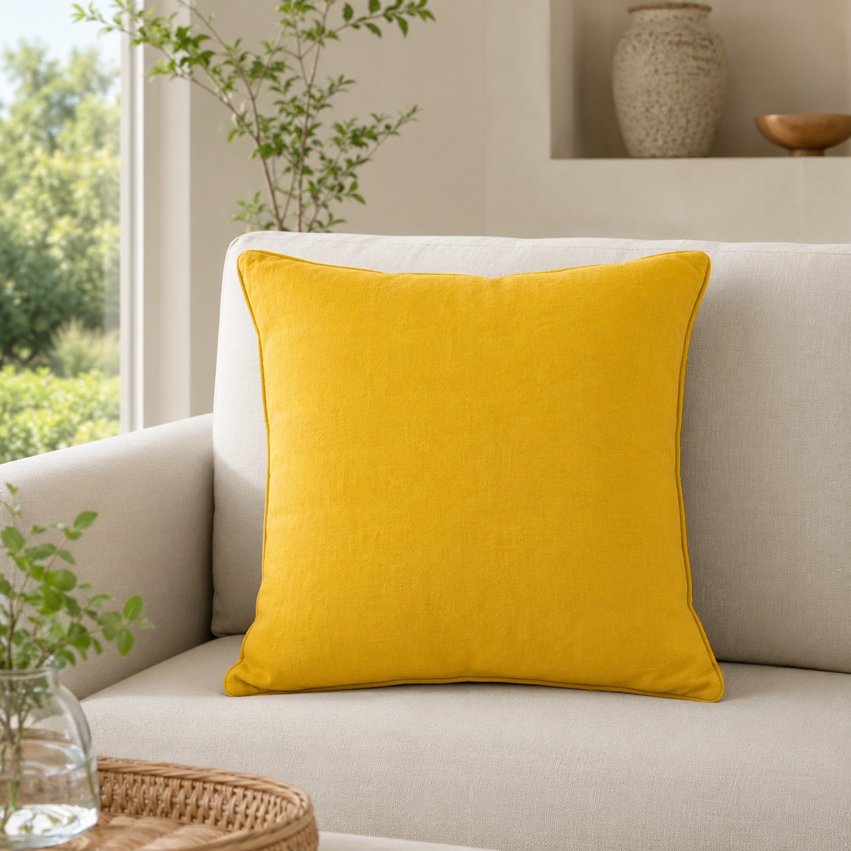 Plain mustard linen cushion cover with piped edge styled on a sofa.