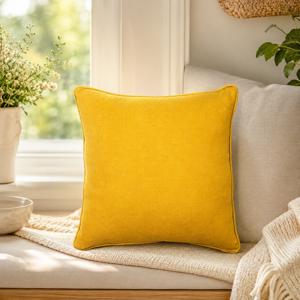 Plain mustard linen cushion cover with piped edge styled on a window seat.