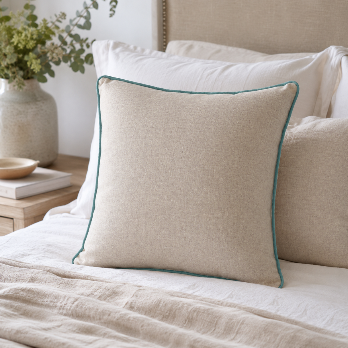 Plain natural linen cushion cover with duck egg piping styled on a bed.