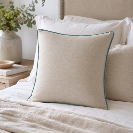 Plain natural linen cushion cover with duck egg piping styled on a bed.