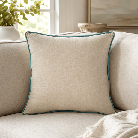 Plain natural linen cushion cover with duck egg piping styled on a sofa.