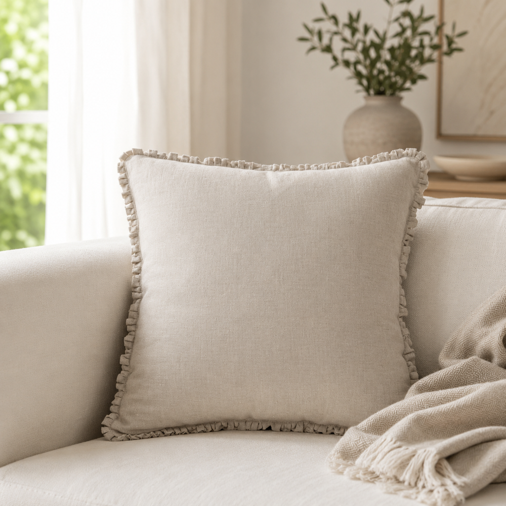 Plain natural linen cushion cover with ruffle edge styled on a neutral sofa by a window.