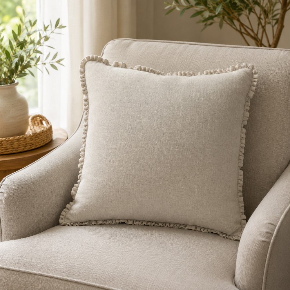 Plain natural linen cushion cover with ruffle edge styled on an armchair. 