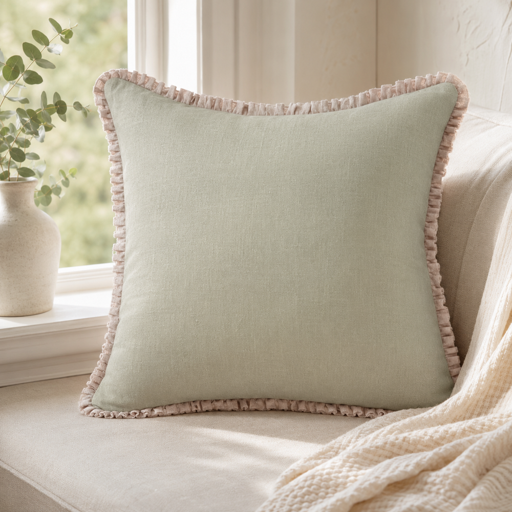 Plain sage linen cushion cover with pale ruffle edge styled on a window seat.