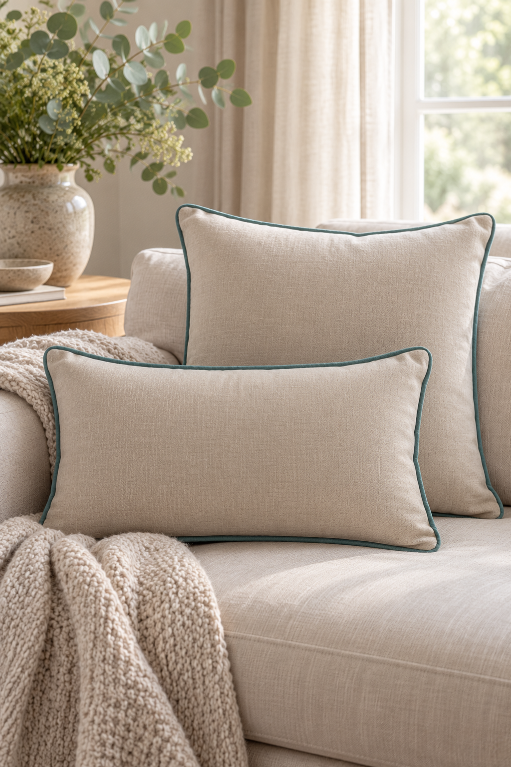 A linen cushion with duck egg piping  resting on a light beige sofa, with a chunky knit throw blanket draped over the arm and a vase of greenery in the background.