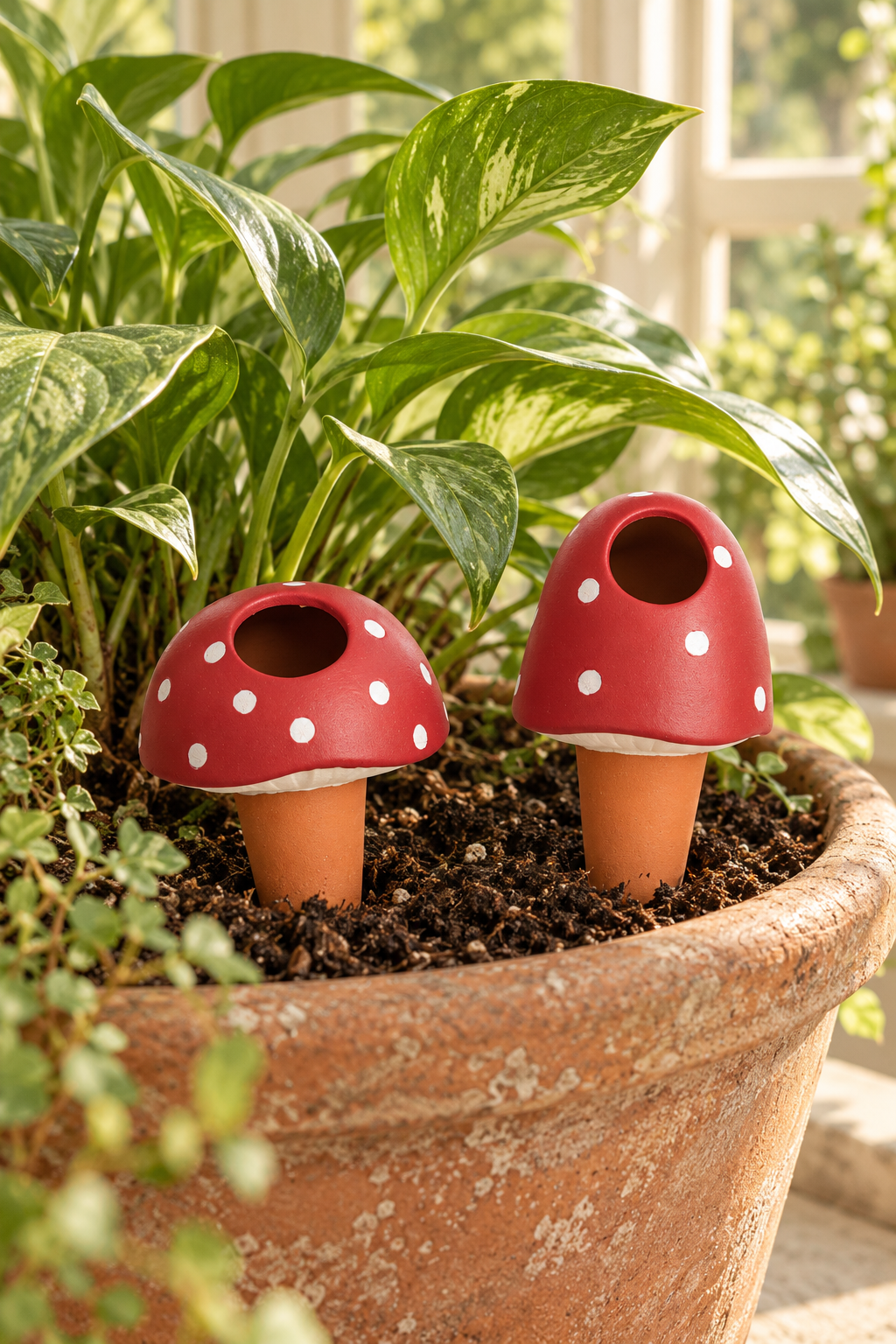 Set of two terracotta plant watering spikes with red mushroom caps, white spots and cream detailing. Includes one rounded and one taller mushroom design, each with an open filling hole and a tapered stem. 