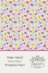 Watercolor floral wrapping paper pattern with pink, purple, yellow, and blue blossoms on a white background, with a beige lower section reading 'Poppy Splash Watercolour Wrapping Paper' and the Byard's brand mark.