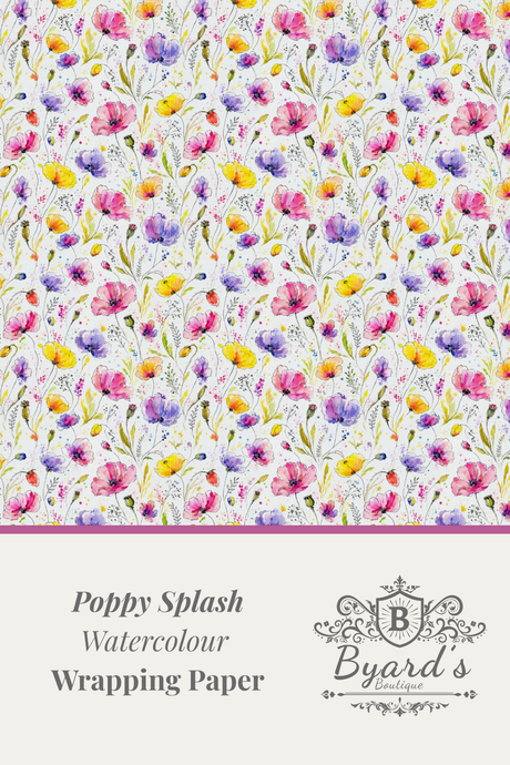 Watercolor floral wrapping paper pattern with pink, purple, yellow, and blue blossoms on a white background, with a beige lower section reading 'Poppy Splash Watercolour Wrapping Paper' and the Byard's brand mark.