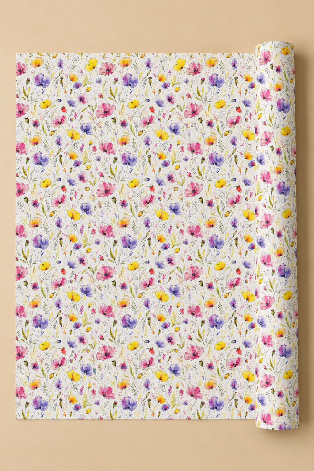A roll of wrapping paper with a dense, colorful watercolor floral pattern on a white background, partially unrolled and displayed against a solid beige background.