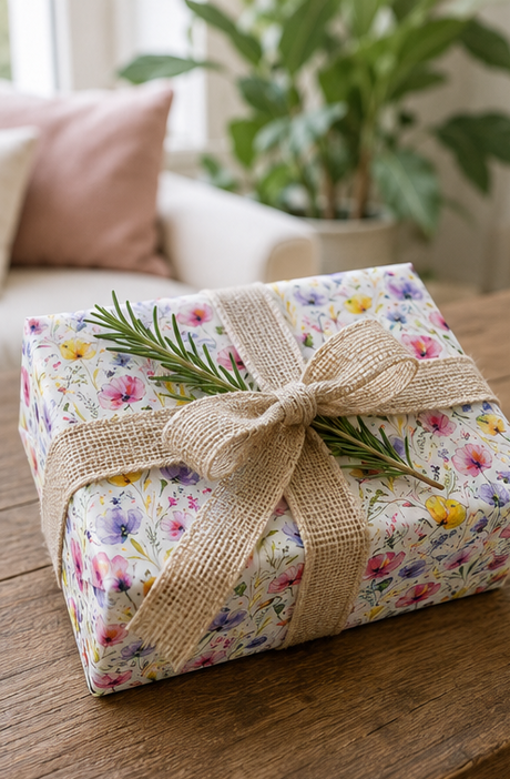 A gift box wrapped in floral paper with a beige burlap ribbon and a green sprig, resting on a wooden table in a softly lit indoor setting.
