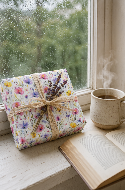 A wrapped gift box with a colorful floral pattern and a twine bow sits on a windowsill next to a steaming ceramic mug and an open book. Raindrops are visible on the window, and greenery is blurred outside.