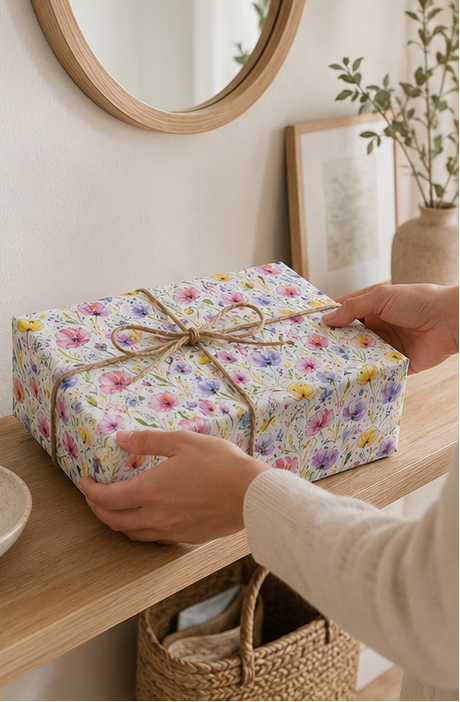 A gift box wrapped in white paper with a colorful floral print and tied with a natural twine bow, being held on a wooden shelf by two hands in a warm, neutral-toned room.