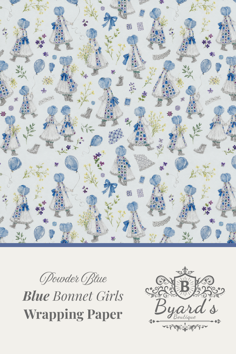Patterned wrapping paper featuring illustrated blue bonnet girls in white dresses with blue bows, scattered blue balloons, and small floral details on a pale background. A cream band at the bottom reads 'Powder Blue Blue Bonnet Girls Wrapping Paper' with the Byard's brand mark.