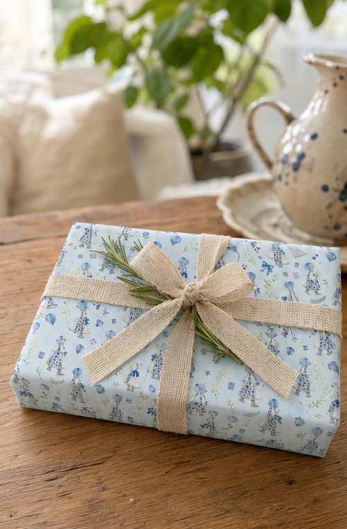 A rectangular gift box wrapped in Power Blue Bonnet Girls Wrapping Paper with a beige burlap ribbon tied in a bow, placed on a wooden table with a blurred ceramic pitcher and green plants in the background.
